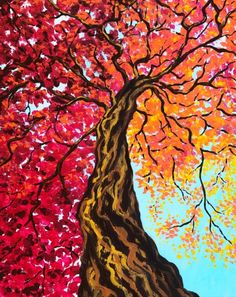 an acrylic painting of a tree with red leaves