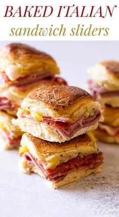 several sandwiches stacked on top of each other with the words italian slider sandwiches above them