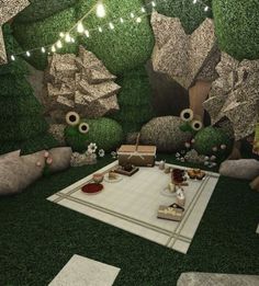 a room with grass walls and lots of food on the floor