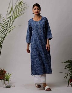 Blue Cotton Chambray Kurta Pants Set Salwar Kameez