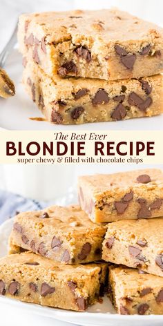 chocolate chip blondies stacked on top of each other with text overlay that reads easy, one - bowl blondies