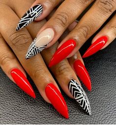 Red Geometric Nails, Red Black White Nails Designs, Red Nails With Snake Design, Red And White Abstract Nails, Red And Black Geometric Nails, Glamour Nails, Ombre Acrylic Nails