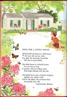 an old fashioned children's book with flowers and a little house in the background