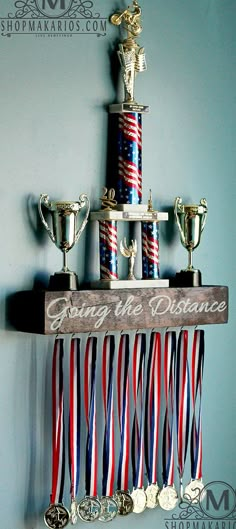 several trophies are hanging on a wall with ribbons and medals attached to the trophy rack