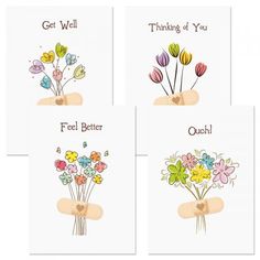 four greeting cards with flowers in vases and the words get well, feel better