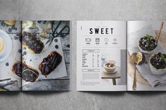 an open cookbook with pictures of food on the cover and in it's pages