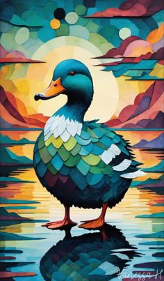 a painting of a duck standing in the water at sunset with clouds and sun behind it