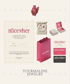 an advertisement for a jewelry store with pink paper bags and other items in front of it