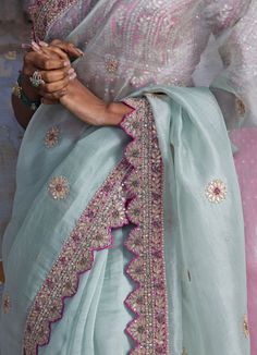 Buy Jade Green Ombre Organza Saree Set by Nitika Gujral at Fabilicious Fashion! Shop made-to-measure Indian wedding wear and jewellery with fast shipping to USA, UK, and Canada.