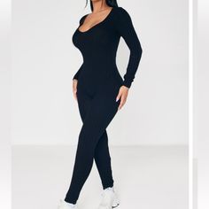 Black Knit Material With Long Sleeves And A Figure-Worshipping Fit, Approx 51” Black Satin Shirt, Knitted Jumpsuit, Mesh Romper, Sleeveless Jumper, Petite Jumpsuit, Flare Jumpsuit, Sequin Jumpsuit, Knit Jumpsuit, Womens Playsuits