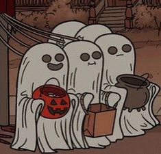 cartoon characters dressed up as ghostes with bags and buckets in front of them