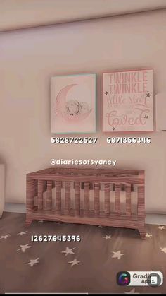 the baby crib is in front of two pictures on the wall and below it are stars