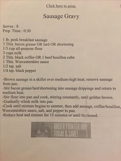 the menu for sausage gravy is shown here