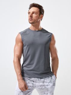 Grey   Sleeveless Polyester Letter  Embellished Slight Stretch  Men Activewear Mens Tank Tops, Active Wear, Tank Top