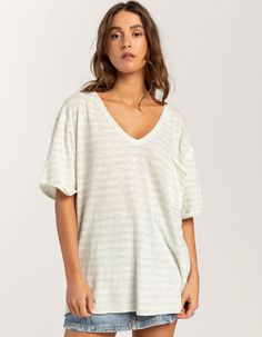 Free People All I Need Tee. So Essential From Our We The Free Collection, This Slouchy Tee Is Featured In A Lightweight Design And Striped Fabrication With A Deep V-Neckline And Drop-Shoulder Sleeves. Slouchy, Oversized Fit. Chest-Pocket Detail, Raw Hemlines. 52% Linen, 48% Cotton. Machine Wash. Imported. Model Is Wearing A Size Small. Model Measurements:height: 5'8" Bust: 34"waist: 25"hips: 37.5" V-neck Cotton T-shirt For The Beach, Green Relaxed Fit V-neck Top, Summer Short Sleeve V-neck Top For Loungewear, Summer V-neck Top With Short Sleeves For Loungewear, Spring V-neck T-shirt For Loungewear, Summer V-neck Loungewear T-shirt, V-neck Cotton Tops For Loungewear, Cotton V-neck Top For Beach, Summer Relaxed Fit V-neck Top For Loungewear