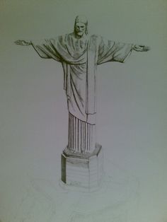 a drawing of the statue of christ is shown in black and white, with his arms outstretched