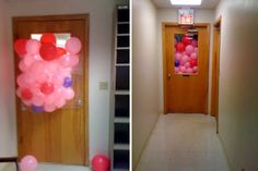 two pictures of balloons in front of a door and on the inside of a hallway