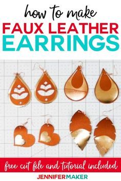 Learn how to make faux leather earrings with foil vinyl on your Cricut! This step by step tutorial includes 10 different SVG earring designs for you! #cricut #cricutmade #cricutmaker #cricutexplore #svg #svgfile Jennifer Maker Cricut Tutorials, Jennifer Maker Cricut, Crochet Trees, Svg Earring, Paper Projects Diy, Silhouette Earring