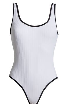 Contrast trim lends sporty flair to this ribbed one-piece swimsuit made with a built-in shelf-bra and a sunny low back. Pull-on style Moderate back coverage UPF 50+ sun protection 92% recycled polyamide, 8% spandex Hand wash, dry flat Imported Poolside Ribbed One-piece Bodysuit, Ribbed One-piece Bodysuit For Poolside, Fitted Swimwear With Contrast Trim, Fitted Ribbed Sleeveless Swimwear, Sporty Fitted Swimwear With Contrast Trim, Ribbed One-piece Swimwear, White Beachwear Swimwear With Contrast Trim, White Sporty Bodysuit For Swimming, White Swimwear With Contrast Trim For Poolside