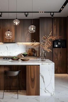 Modern Western Kitchen, Warm Modern Interior Design, Warm Modern Kitchen Design, Walnut Kitchen Ideas, Kitchen Contemporary Design, Contemporary Luxury Interior, Modern Walnut Kitchen, Dark Wood Kitchen, Contemporary Kitchen Ideas