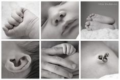 six different pictures of baby's feet and hands, with the top one being held up to their ear