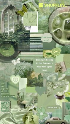 a collage with many different pictures and words on it, including green things in the background