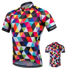 a colorful bicycle jersey and bib with the words welmo printed on it