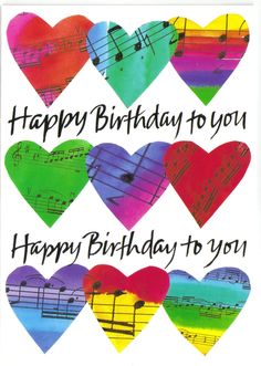 happy birthday to you card with musical notes and heart shapes in rainbow colors on white background