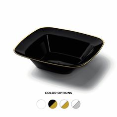 a black bowl with gold trimmings on the side and three different color options