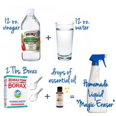 the ingredients to make homemade magic eraser for kids are shown in blue and white