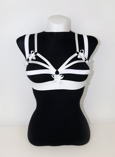 "Looks gorgeous under or over clothes or just by itself ;) Small [(Bust:35.5\" -37.5\" (90-95 cm)] Medium [(Bust:38\" - 40\" (96-101 cm)] Large [(Bust:38\" - 40\" (96-101 cm)]" White Bra Top, Harness Fashion, Chest Harness, Lingerie Outfits, Girl Fits, 50s Fashion, Handmade With Love, Large Bust, Bra Set