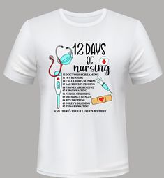 12 Days of Nursing Christmas shirt Custom printed to order on a white, short sleeve unisex shirt Great gift for your favorite nurse at Christmas time This item will be printed on demand. Print is on the front of shirt and is printed using professional and not home/hobby equipment.  I professionally print shirts for my retail store and for other companies using this equipment. Wash inside out for longer lasting quality.  Please contact me if you have any questions or if you need a size other than Mermaid Fabric, Nurse Christmas, Shirt Short Sleeve, White Short, Retail Store, Christmas Shirt, 12 Days, Unisex Shirt, Christmas Shirts