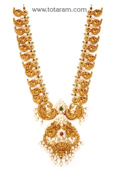 22 Karat Gold "Mango Peacock" Long Necklace with Cz, Color Stones & Japanese Culture Pearls (Temple Jewellery) - 235-GN3573 - in 168.800 Grams for USD $12998.56. 
Made in India by Totaram Jewelers Online this product is in Gold - 22 Karat BIS Hallmark 916 KDM Gold  & is an excellent gift for Adult - Women. Ships fully insured with secured guaranteed delivery for free with your order over $250 from New Jersey USA & comes with 30 days exchange policy. Luxury Yellow Gold Temple Necklace With Gemstones, Luxury Gold Dual-tone Temple Necklace, Luxury 22k Gold Temple Necklace For Puja, Mango Haram Designs With Grams, Mango Haram, 22k Gold Necklace, Temple Jewelry Necklace, Gold Temple Jewellery, Beautiful Gold Necklaces