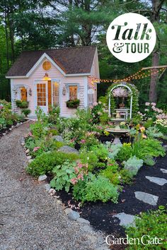 Pink cottage in a flowery garden along gravel path with twinkle lights and a fountain Greenhouse Cottage, Dreamy Cottage, Shed Landscaping, Shasta Daisies, Tips Design, Cottage Gardens, She Sheds, Summer Cottage