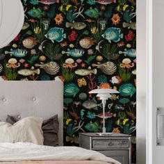 an image of a bedroom setting with wallpaper that looks like it is in the ocean