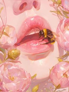 a bee sitting on top of a pink lip with flowers around it and its tongue sticking out