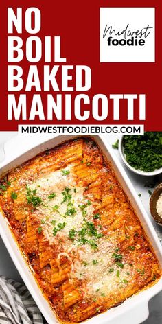 baked veggie manicotti in a white casserole dish with parsley on top