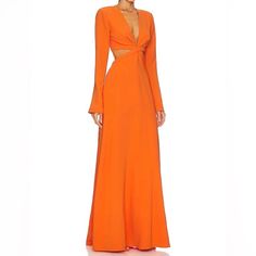 From Site: Polyester Blend Imported Dry Clean Recommended Double Lined Hidden Side Zipper Closure Plunging Neckline Bell Sleeves Waist And Back Cut-Out Midweight Crepe Fabric With Ruffle Hem Issa Dresses, Pleated Satin Dress, Pleated Gown, Orange Maxi Dress, Floor Length Gown, Classic Blazer, Color Naranja, Pleated Maxi Dress, Crepe Fabric