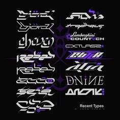 some type of font and numbers that are in different styles on a black background with purple accents