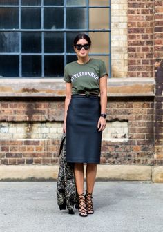 Summer Outfit Ideas For 30-Somethings | POPSUGAR Fashion Black Skirt, Leather Skirt, Pencil, Skirt, Leather, How To Wear, Black