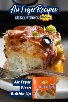 an advertisement for air fryer recipes with a slice of pizza on a white plate