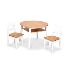 a wooden table and two chairs sitting next to each other