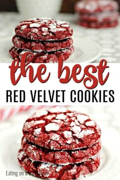 red velvet cookies stacked on top of each other with the words, the best red velvet cookies