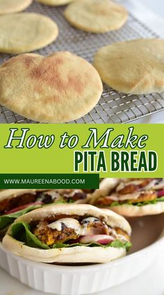 how to make pita bread on a wire rack with text overlay that reads how to make pita bread