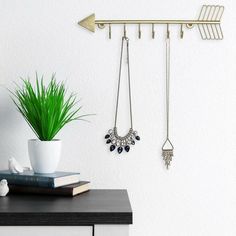 a potted plant sitting on top of a table next to two necklaces hanging from hooks