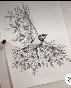 a drawing of a bird with flowers on it