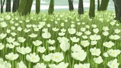 a painting of white flowers in a green field