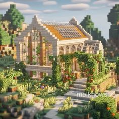 Minecraft Second Floor Ideas, Survival Mansion Minecraft, Modded Mc House, Minecraft Builds Greenhouse, Minecraft Flower Greenhouse, Minecraft Glass House Ideas, Cute Minecraft Greenhouse Ideas, Birch House Minecraft Aesthetic, Winery Minecraft Build