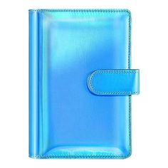 a blue leather wallet with a clipping on the front and side, sitting open