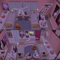 an aerial view of a living room and bedroom in the dollhouse with pink walls